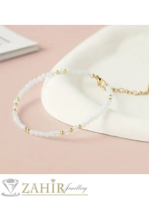 Мега яка гривна за ръка или глезен от естествен бял ахат 3 мм топче и стоманени елементи, закопчалка и удължител - GA3014